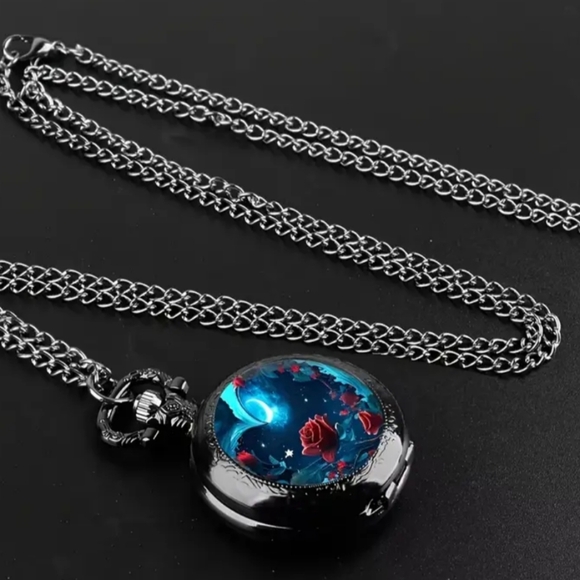 NEW 2/$40 Colorful Black Pocket Watch Necklace Blue and Red Heart Design-(#0245) - Picture 2 of 5